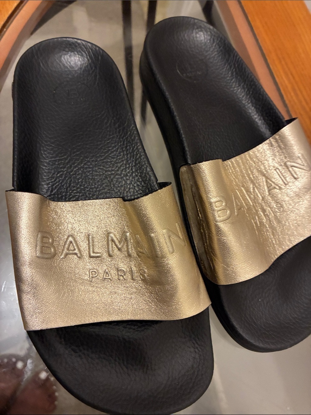 Balmain Gold Leather Slide Sandals with Black Footbed